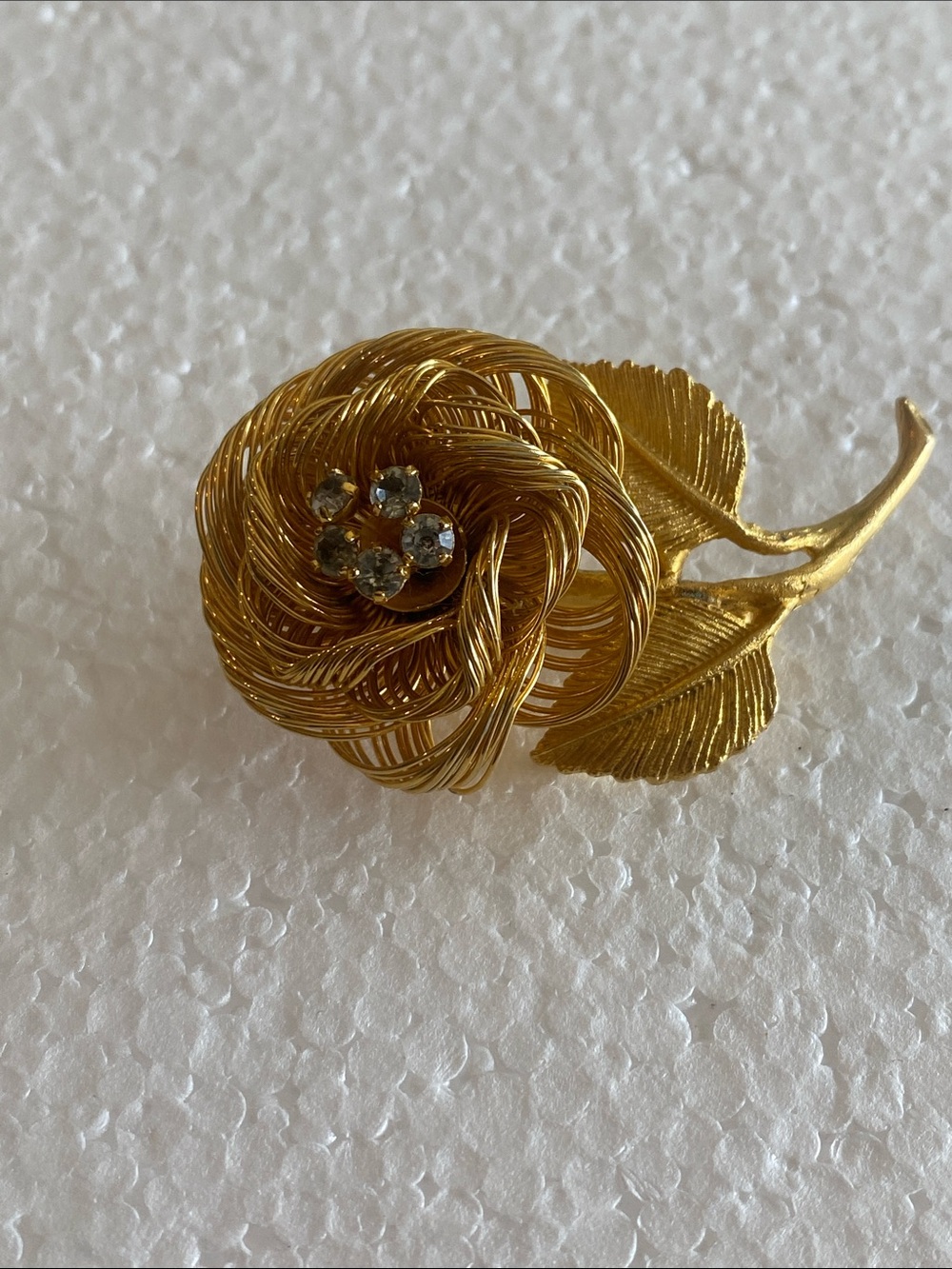Gold Floral Wirework Brooch with Rhinestone Center